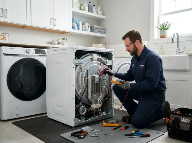 Appliance Repair Hero technician checking a dryer heating element with the rear panel off in Bethpage, NY