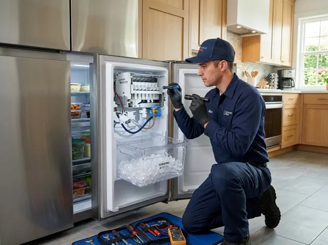 Appliance Repair Hero technician repairing a refrigerator ice maker in Bethpage, NY