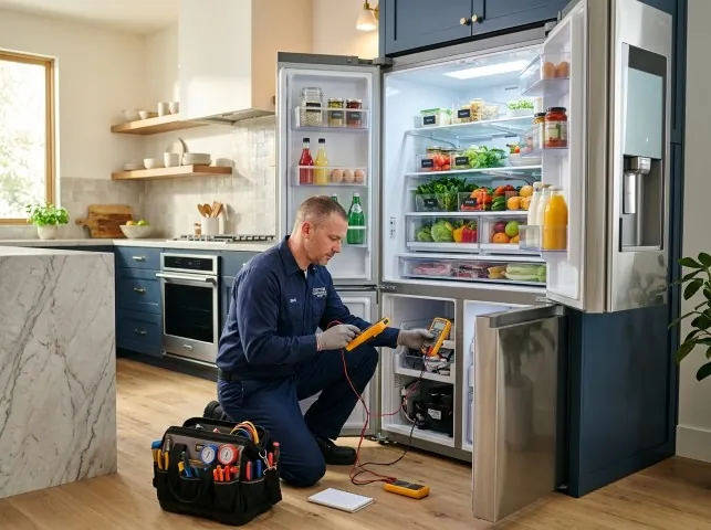 Appliance Repair Hero refrigerator technician testing a fridge on a Bethpage, NY service call