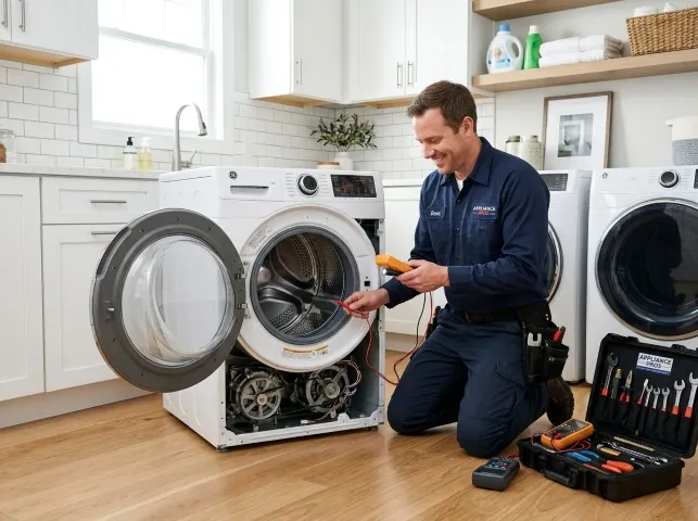 Appliance Repair Hero technician testing a front-load washer with a multimeter on a Bethpage, NY service call